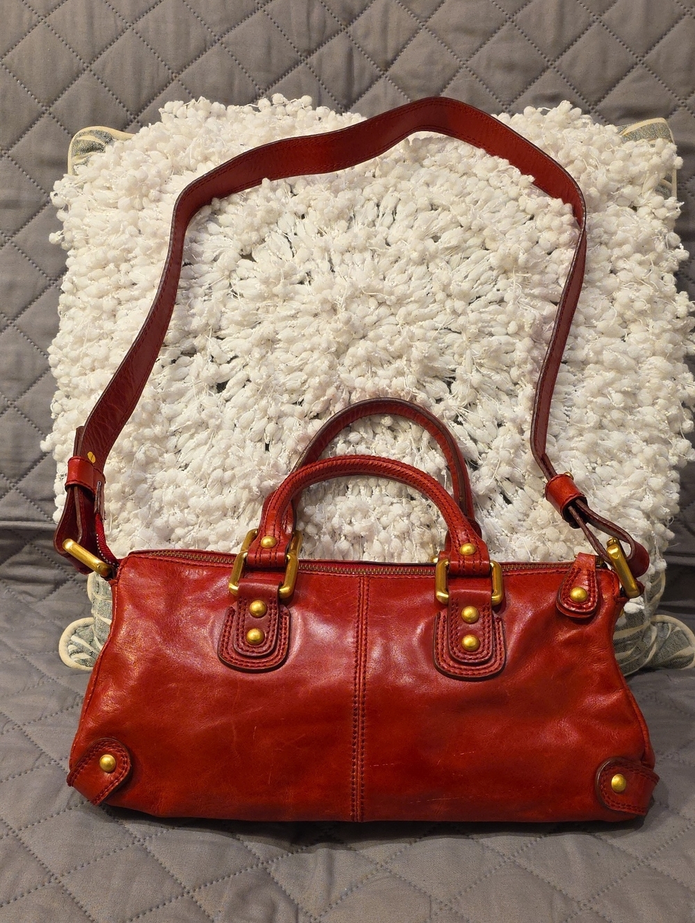 Perlina Red Leather Satchel with Gold-Tone Hardware